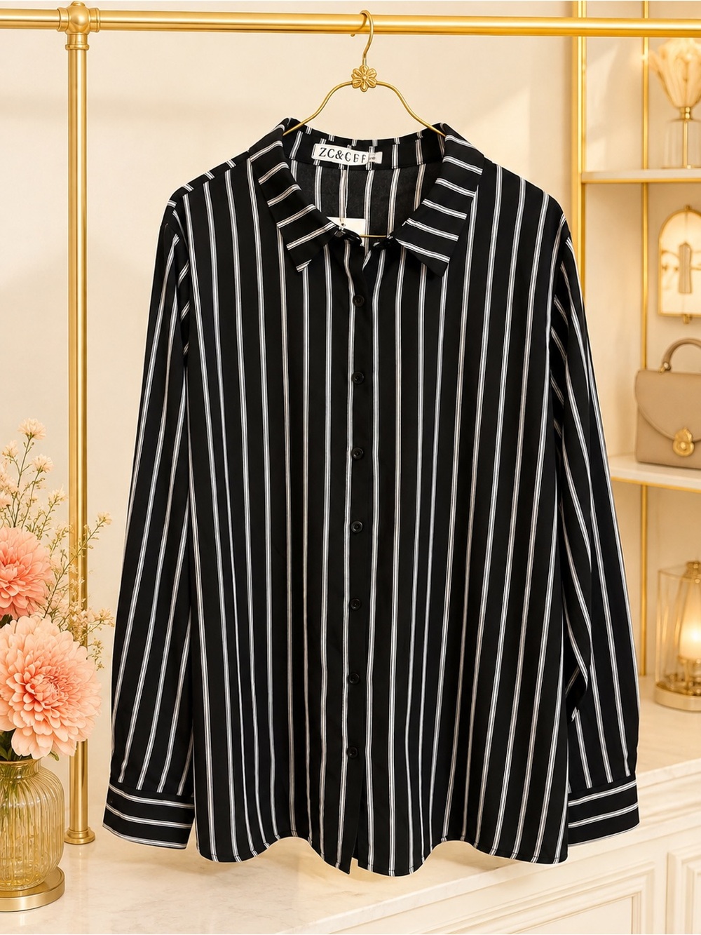 NWT ZC&GF Black White Striped Button Down Blouse Women’s XL